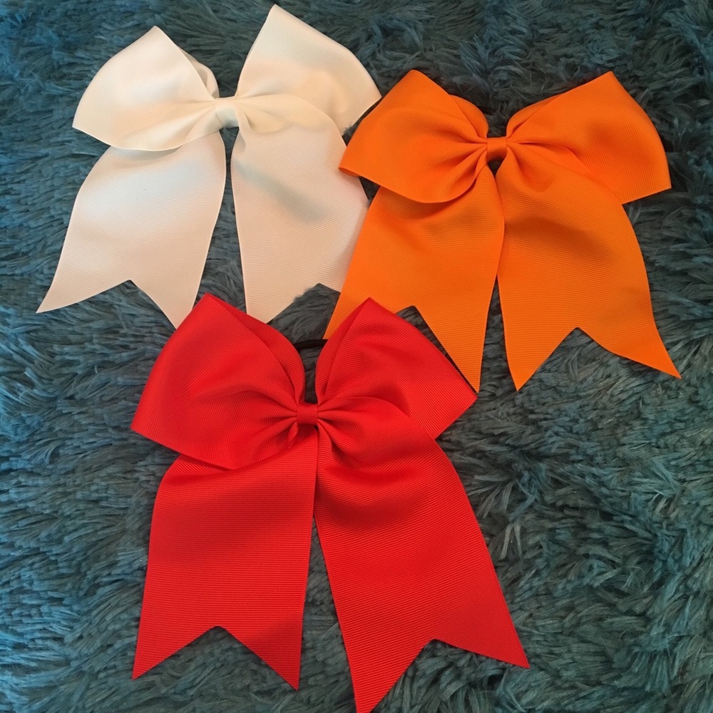 Set Lot 3 CHEER BOWS Red Orange White HAIR BOW